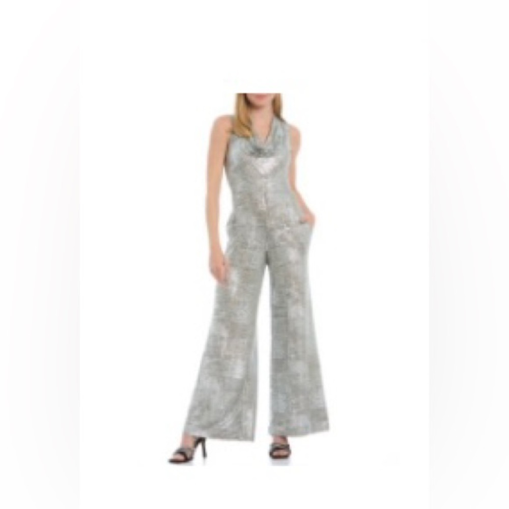 Vince Camuto Sleeveless Drape Neck Wide Leg Metallic Knit Jumpsuit